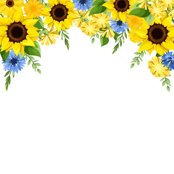 Groet Uitnodiging Kaart Ontwerp Met Blauwe Gele Zonnebloemen Korenbloemen Paardebloem — Stockvector