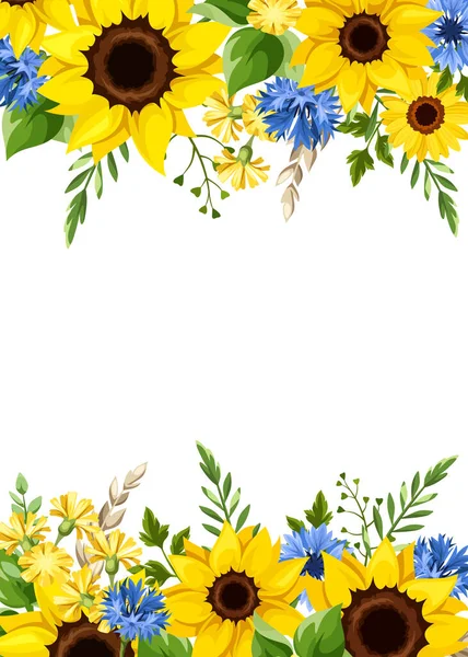 带有蓝色和黄色向日葵 玉米花 蒲公英花 麦穗和绿叶的问候卡或邀请卡设计 矢量说明 — 图库矢量图片