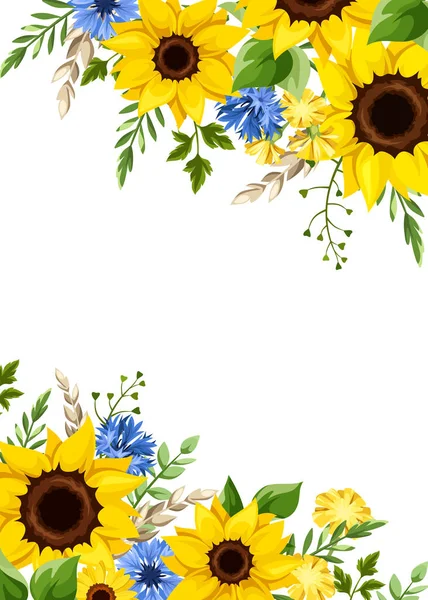 青と黄色のひまわり タンポポの花 コーンフラワー 小麦の耳 緑の葉で挨拶や招待状のカードのデザイン ベクターイラスト — ストックベクタ