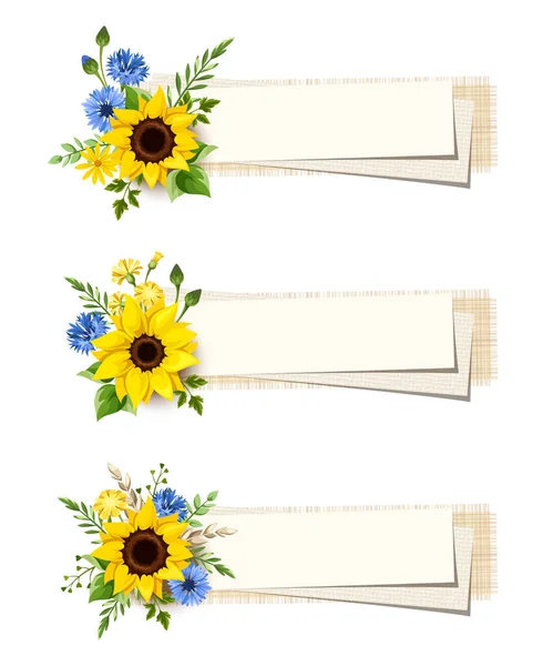 stock vector Set of web banners with blue and yellow sunflowers, dandelion flowers, gerbera flowers, cornflowers, ears of wheat, and green leaves. Vector illustration