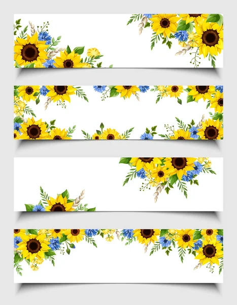 Conjunto Pancartas Web Vectoriales Con Girasoles Azules Amarillos Flores Diente — Archivo Imágenes Vectoriales
