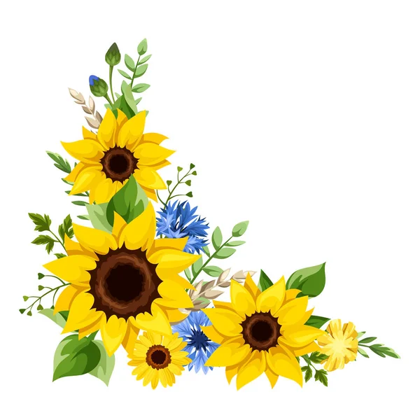 Květinový Rohový Designový Prvek Modrými Žlutými Slunečnicemi Chrpy Pampeliška Květiny — Stockový vektor