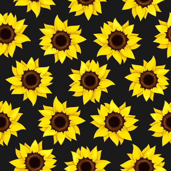 黒の背景に黄色のひまわりとベクトルシームレスパターン — ストックベクタ