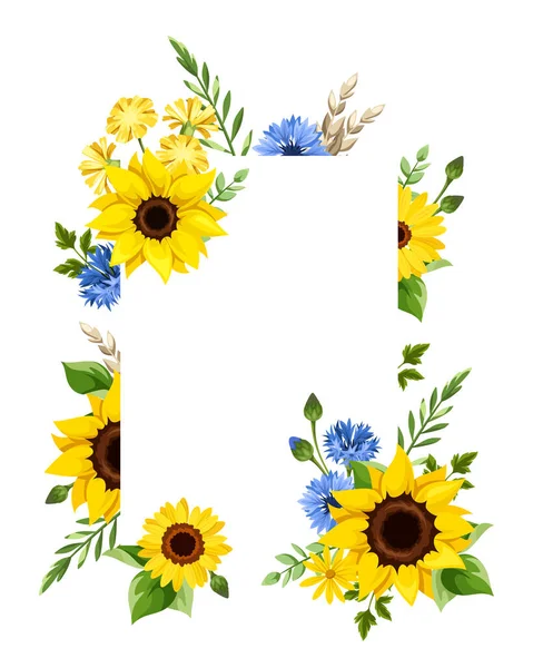 Projekt Karty Powitalnej Lub Zaproszenie Niebieskimi Żółtymi Słonecznikami Chabry Kwiaty — Wektor stockowy