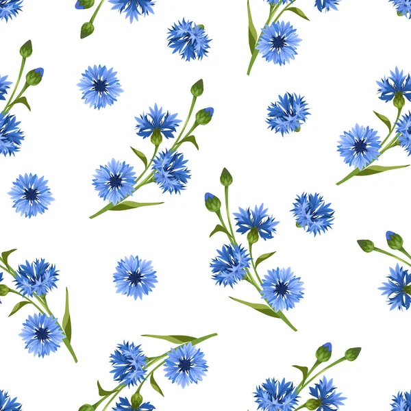 白い背景に青いコーンフラワーのベクトルシームレスな花パターン — ストックベクタ