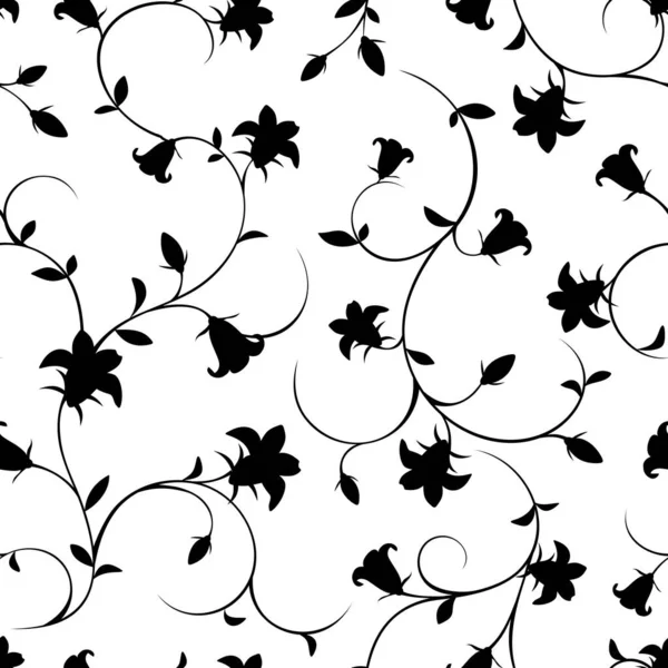 ブルーベルの花とシームレスな花パターン ベクトル黒と白の背景 — ストックベクタ