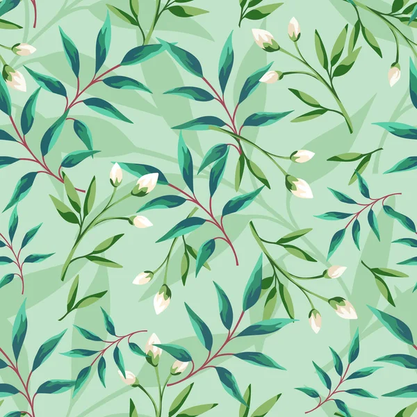緑の葉と緑の背景に小さな白い花とベクトルシームレスな花パターン — ストックベクタ