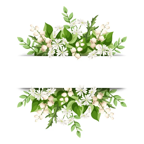 Banner Mit Grünen Blättern Und Kleinen Weißen Blüten Vektorillustration — Stockvektor