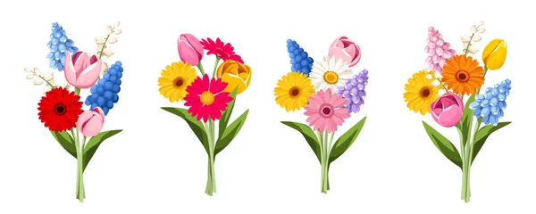 Bouquets Colorful Spring Flowers Isolated White Background Set Vector Illustrations — Stock Vector