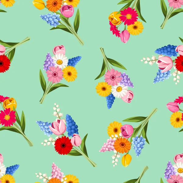 青磁を背景に色鮮やかな春の花々とのシームレスなパターン ベクターイラスト — ストックベクタ