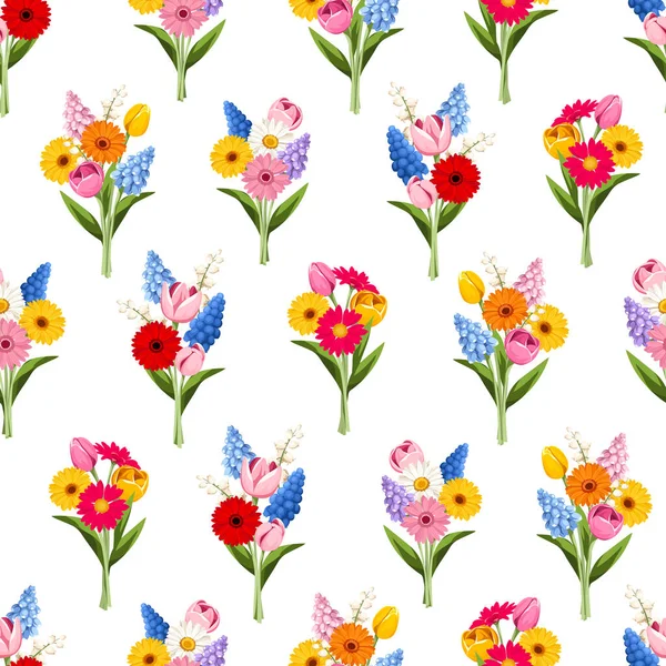 Απρόσκοπτη Μοτίβο Πολύχρωμα Λουλούδια Άνοιξη Ανθοδέσμες Λευκό Φόντο Εικονογράφηση Διανύσματος — Διανυσματικό Αρχείο