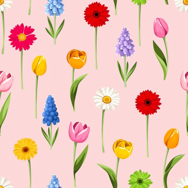 Seamless Pattern Colorful Spring Flowers Pink Background Vector Illustration — Stock Vector