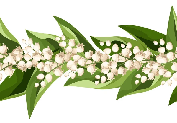 Horizontal Seamless Border White Lily Valley Flowers Green Leaves Vector — Stock Vector