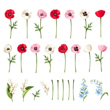 Set of red, pink, blue, and white poppy flowers, bluebell flowers, and lily of the valley flowers isolated on a white background. Vector illustration clipart