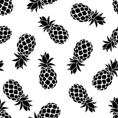 Beyaz arka planda siyah ananas siluetleri olan tropik, pürüzsüz bir desen. Vektör illüstrasyonu
