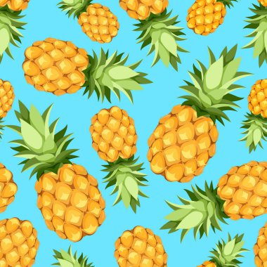 Mavi arka planda ananas meyvesi olan tropik, pürüzsüz bir desen. Vektör illüstrasyonu