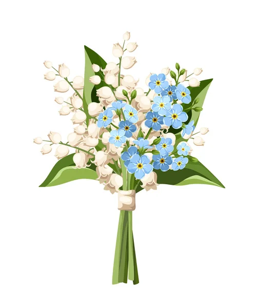 Frühlingsstrauß Aus Blauen Und Weißen Vergissmeinnicht Und Maiglöckchen Blühen Vereinzelt — Stockvektor