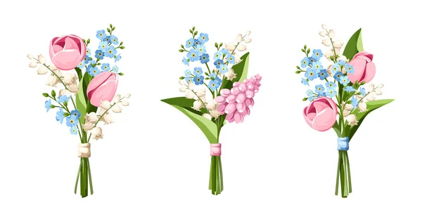 春天的花束 有粉色 蓝色和白色的郁金香花 风信子花 忘了我不喜欢的花 山谷里的百合花 被白色的背景隔开了 一套矢量图解 — 图库矢量图片