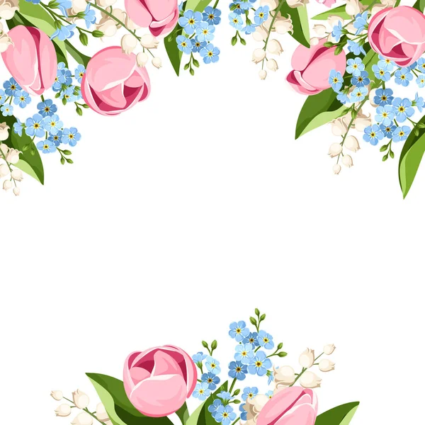 Gruß Oder Einladungskartendesign Mit Frühlingshaften Rosa Tulpenblüten Weißen Maiglöckchen Und — Stockvektor