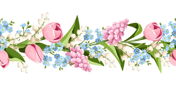 春のピンク 白のチューリップ ヒヤシンスの花 忘れない私ではなく および谷の花のユリと水平シームレスな境界線 ベクトルフラワーガーランド — ストックベクタ