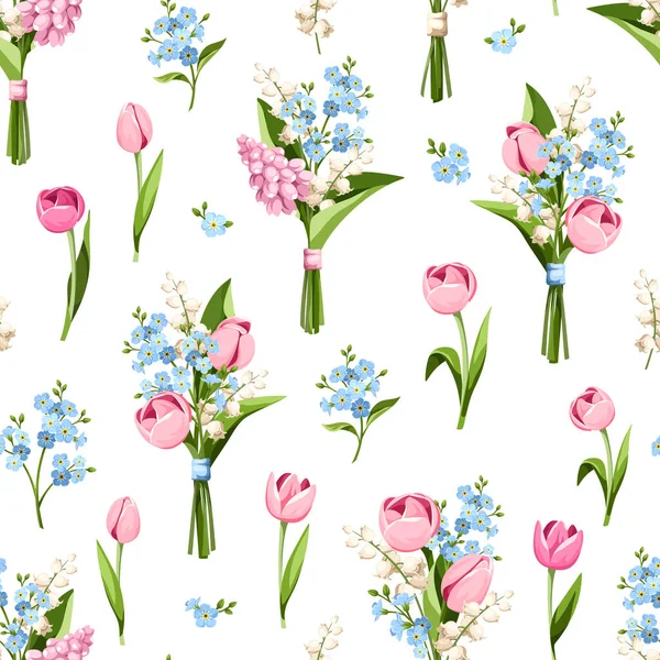 Seamless Pattern Spring Flowers Pink Tulip Hyacinth Flowers Blue Forget — Stock Vector