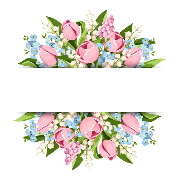 Banner Mit Rosa Blauen Und Weißen Tulpen Hyazinthenblüten Maiglöckchen Vergissmeinnicht — Stockvektor