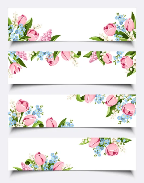 Set Vector Web Banners Pink Blue White Tulips Hyacinth Flowers — Stock Vector