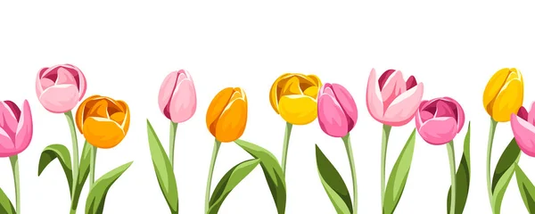 Horizontale Nahtlose Bordüre Mit Rosa Orangen Und Gelben Tulpenblüten Vektorillustration — Stockvektor