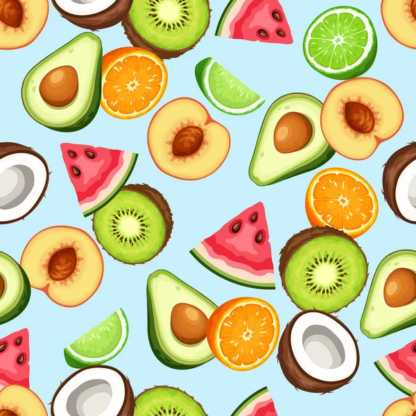 Nahtloses Muster Mit Verschiedenen Früchten Pfirsich Wassermelone Orange Avocado Limette — Stockvektor