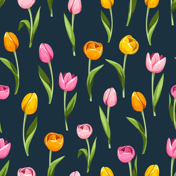 Pink Orange Yellow Tulip Flowers Dark Blue Background Vector Seamless — Stock Vector