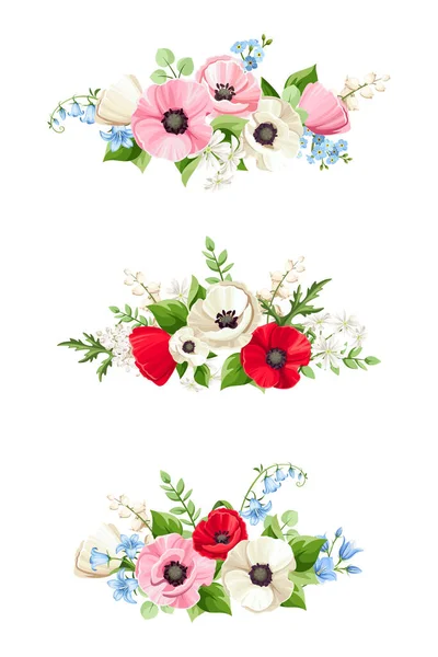 Bouquets Papavero Rosso Rosa Blu Bianco Non Dimenticarti Bluebell Giglio — Vettoriale Stock