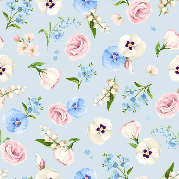Seamless Floral Pattern Pink White Blue Lisianthus Flowers Pansy Flowers — Stock Vector
