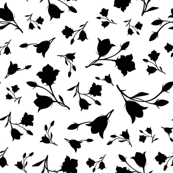 Nahtloses Schwarz Weißes Blumenmuster Mit Blauglockenblumen Campanula Vektorillustration — Stockvektor