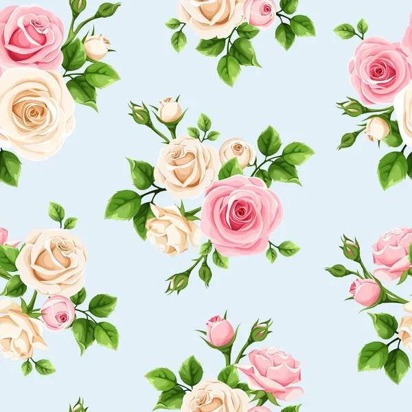 青い背景にピンクと白のバラとシームレスな花のパターン ベクターイラスト — ストックベクタ