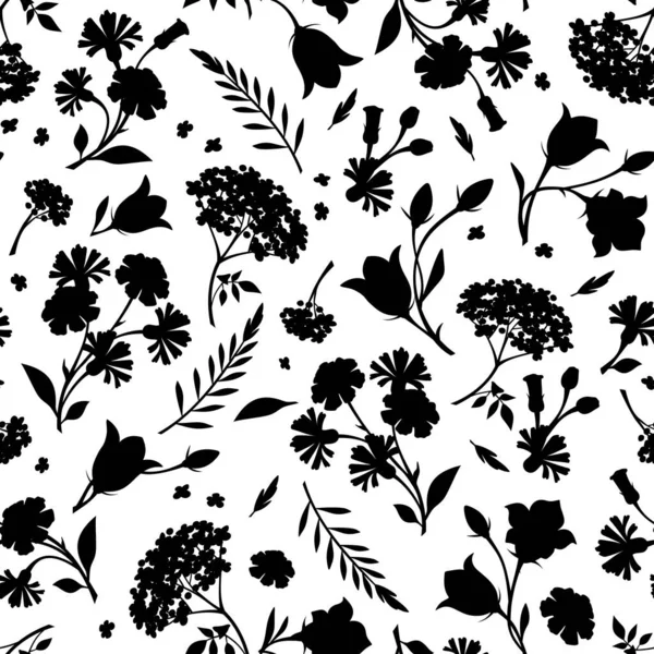 Бесшовный Черно Белый Цветочный Узор Силуэтами Цветов Векторная Иллюстрация — стоковый вектор