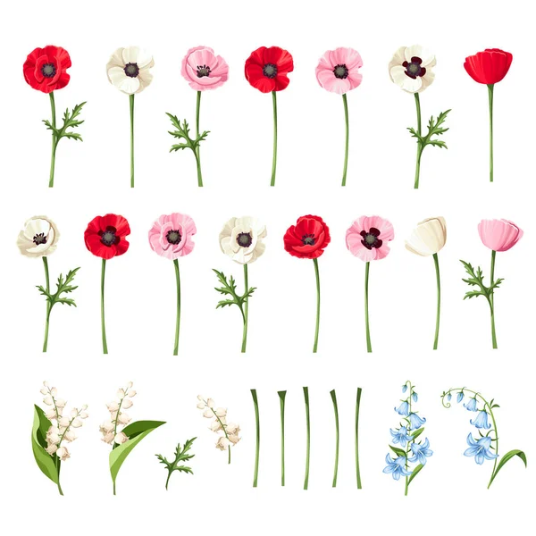 Набор Красных Розовых Голубых Белых Цветов Мака Цветы Колокольчика Лилии — стоковый вектор