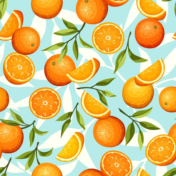 Seamless Pattern Citrus Orange Fruit Green Leaves Blue Background Vector — Stock Vector