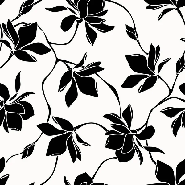 Floral Pattern Magnolia Flowers Vector Black White Seamless Background — Stock Vector
