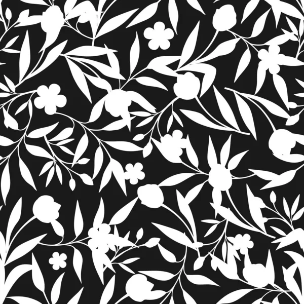 Seamless Black White Floral Pattern Flowers Leaves Vector Illustration — Stock Vector