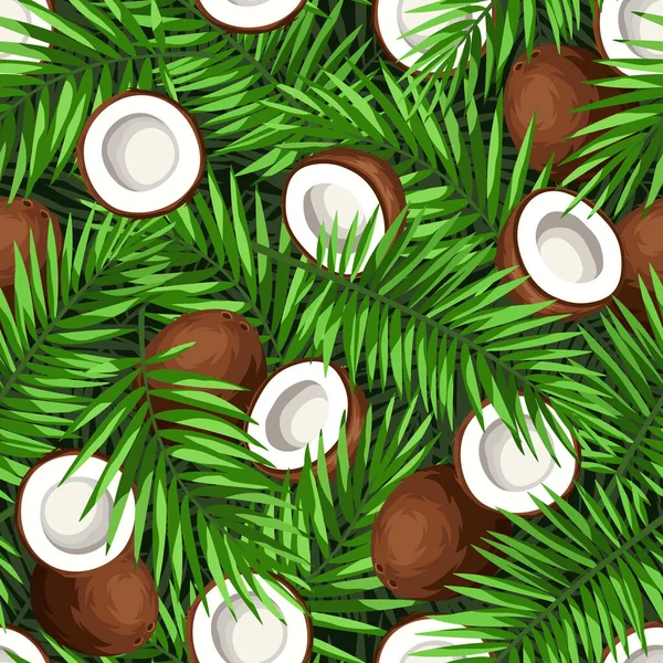 Тропический Бесшовный Рисунок Кокосами Зелеными Кокосовыми Пальмовыми Листьями Векторная Иллюстрация — стоковый вектор