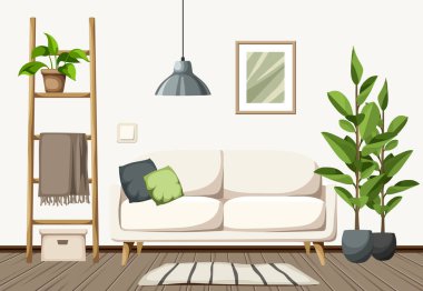 İskandinav odasının içinde beyaz bir kanepe, bir merdiven ve ev bitkileri var. Minimalist iç tasarım. Çizgi film vektör illüstrasyonu