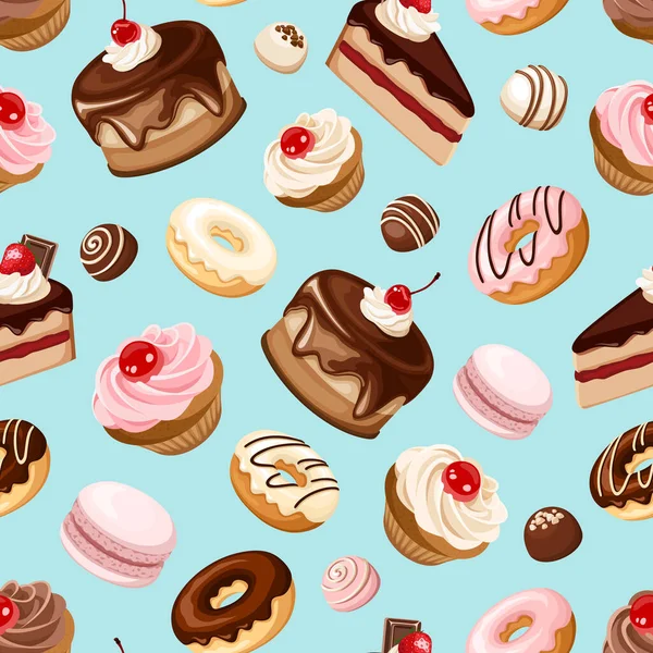 Naadloos Patroon Met Cakes Cupcakes Macarons Donuts Snoepjes Andere Zoetigheden — Stockvector