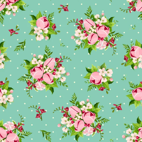 Florales Nahtloses Muster Mit Rosa Tulpe Und Freesiablüten Auf Grünem — Stockvektor