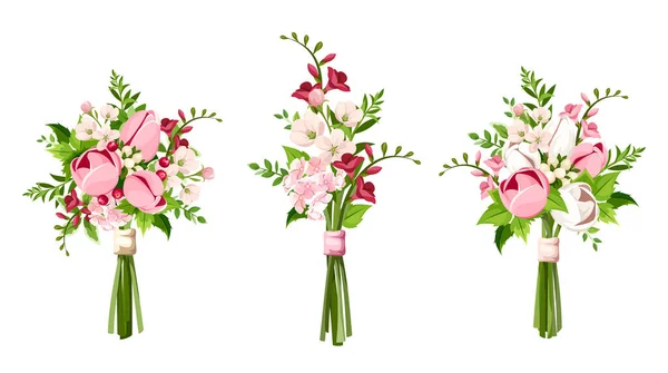 ピンクと白のチューリップの花 フリージアの花 桜の花束が白い背景に隔離されています ベクターイラストのセット — ストックベクタ