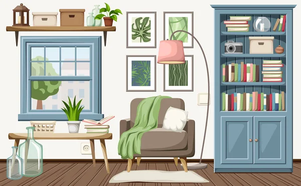 舒适的客厅里有一把扶手椅 一个书架和一个蓝色的窗户 卡通矢量图解 — 图库矢量图片