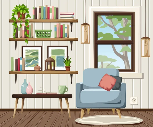 Gemütliche Wohnzimmereinrichtung Mit Blauem Sessel Bücherregalen Fenster Und Hängelampen Zeichentrickvektorillustration — Stockvektor