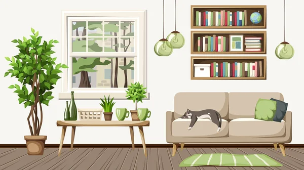 Interiér Obývacího Pokoje Pohovkou Police Knihy Zelené Závěsné Lampy Velký — Stockový vektor