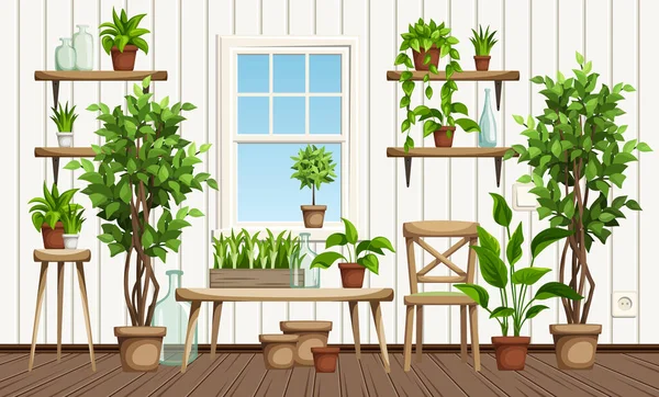 Raumausstattung Mit Vielen Pflanzen Grüne Zimmerpflanzen Innenraum Urbane Dschungel Innenarchitektur — Stockvektor