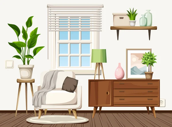 Confortable Salon Scandinave Avec Fauteuil Blanc Une Commode Des Plantes — Image vectorielle