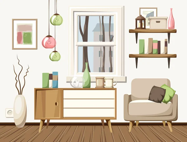 Gemütliche Herbstliche Wohnzimmereinrichtung Mit Sessel Kommode Bücherregalen Und Bunten Hängelampen — Stockvektor